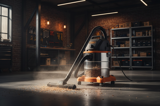 Powerful shop vacuum in a clean organized garage — wet dry vac picking up sawdust and debris from garage floor with warm industrial lighting