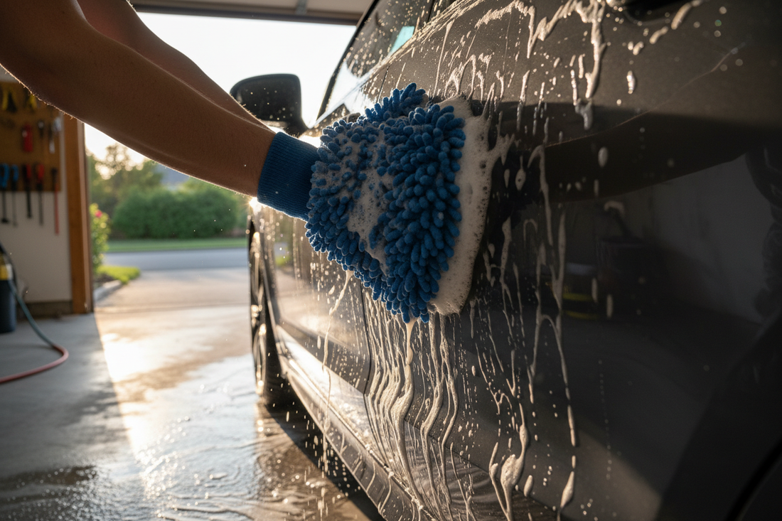 Hands wearing a microfiber wash mitt washing a car door panel with soapy foam — safe hand wash technique for scratch-free detailing