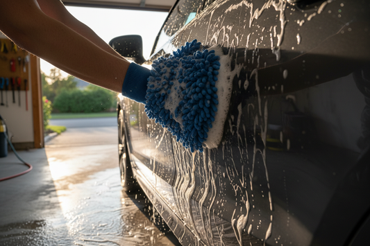 Hands wearing a microfiber wash mitt washing a car door panel with soapy foam — safe hand wash technique for scratch-free detailing