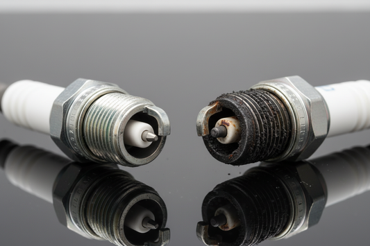 New vs worn spark plug comparison — left showing a new iridium spark plug with sharp electrode tip, right showing a worn plug with eroded electrode and carbon deposits