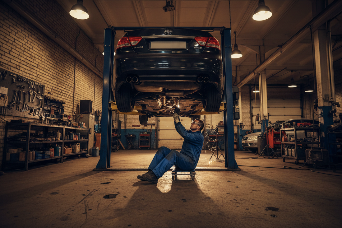 Two-post car lift raising a vehicle in a professional garage — mechanic working underneath with warm industrial lighting