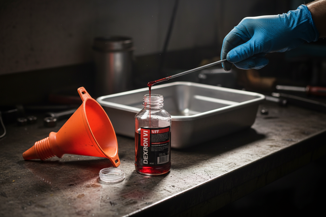 Mechanic's gloved hand checking bright red automatic transmission fluid on a dipstick — ATF bottle, funnel, and drain pan on a dark garage workbench nearby