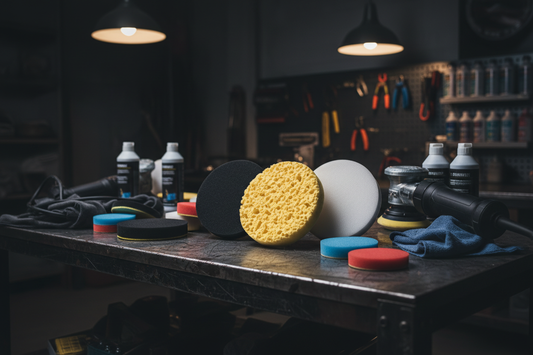 Car buffing and polishing foam pads in different colors on a dark garage workbench