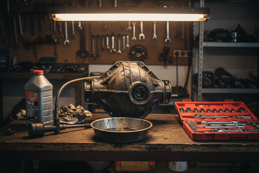 Rear differential housing on a dark garage workbench — gear oil bottle, hand fluid pump, drain pan, and socket set arranged nearby