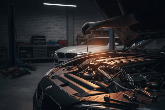 DIY car maintenance guide – mechanic checking engine oil in a dark premium garage with burnt orange lighting