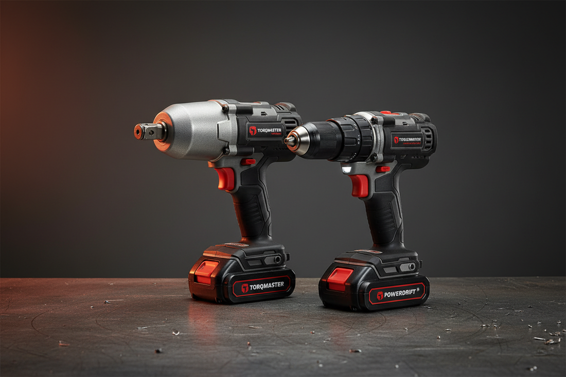 Impact wrench and drill on garage workbench