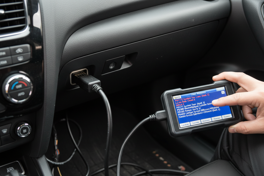 OBD2 scanner plugged into car diagnostic port — screen showing diagnostic codes