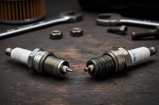New vs worn spark plug comparison — left showing a new iridium spark plug with sharp fine electrode tip, right showing a worn spark plug with eroded electrode and carbon deposits