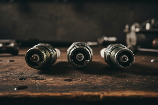 Three spark plug types side by side on a dark garage workbench — copper plug with large nickel electrode on left, platinum plug in center, iridium plug with ultra-fine electrode tip on right