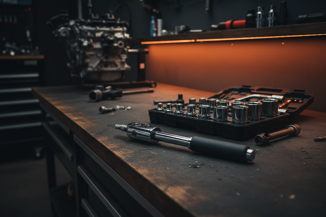Click-type torque wrench with socket set on a dark automotive garage workbench with burnt orange accent lighting