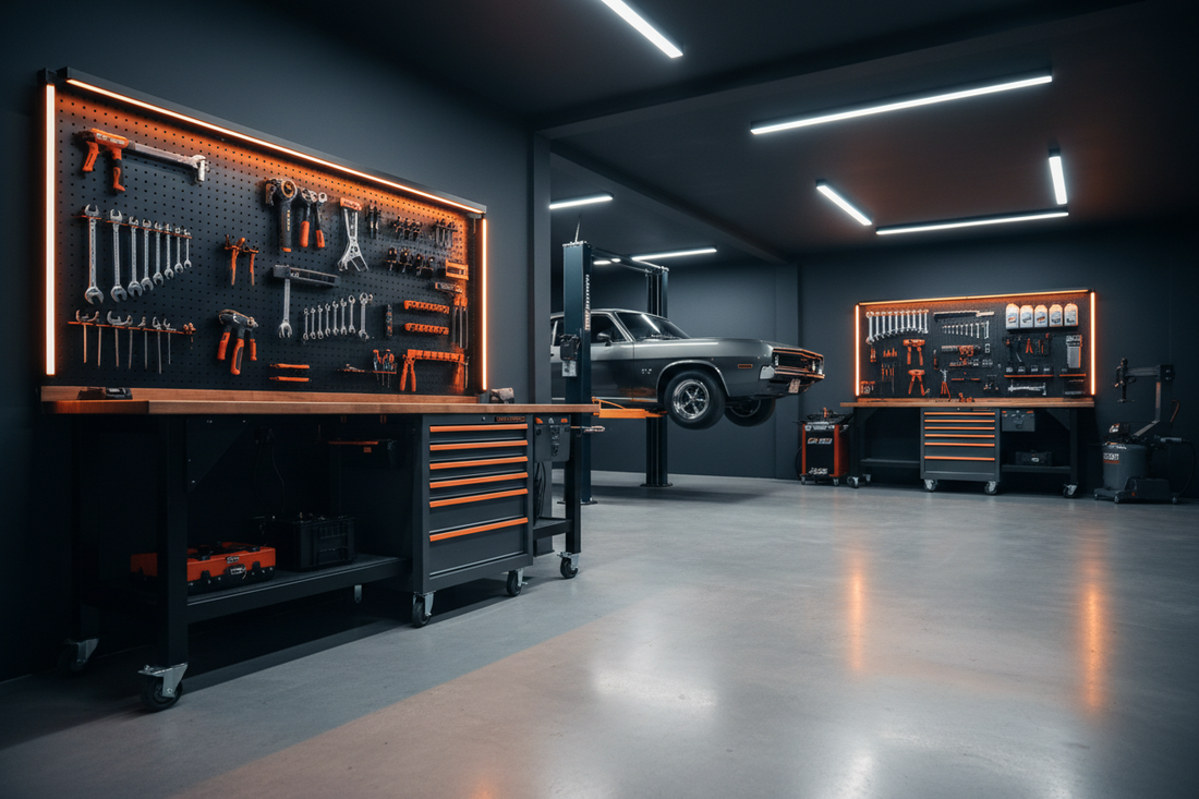Organized garage workspace with defined work zones, pegboard tool storage, and bright overhead lighting