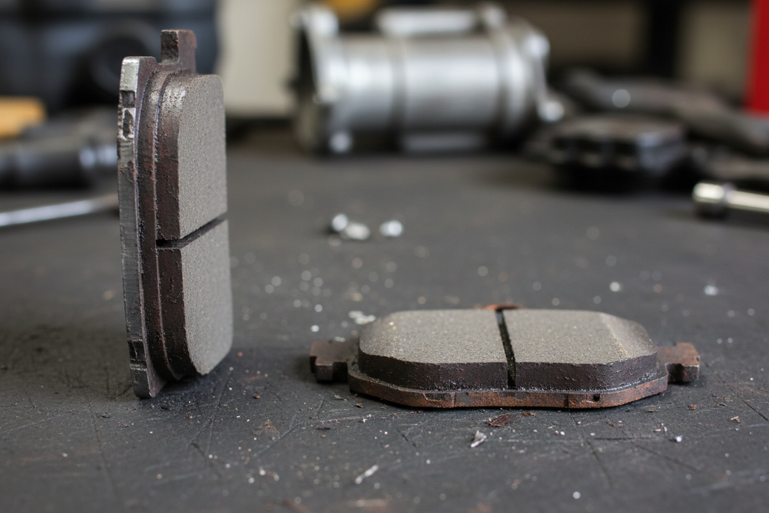New and worn brake pads side by side — thick new pad versus thin worn pad comparison