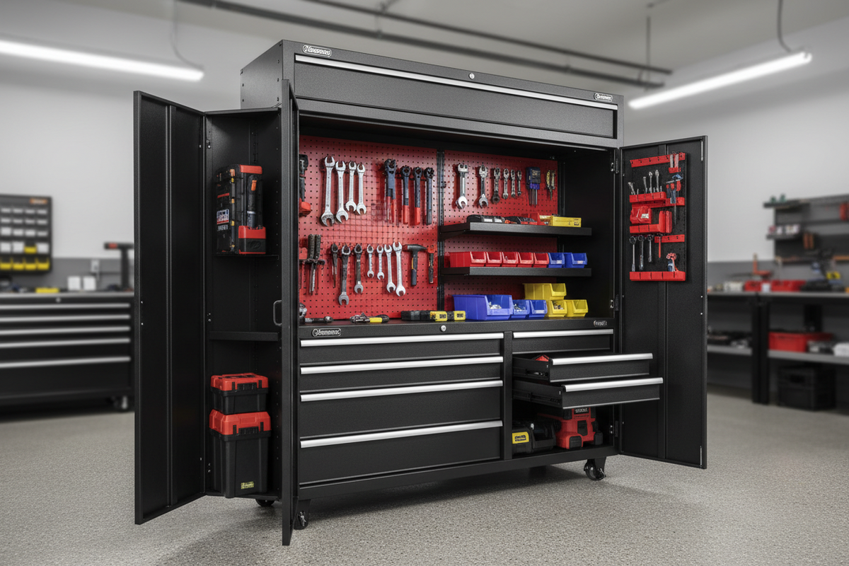 Large tool cabinet with multiple drawers in a garage