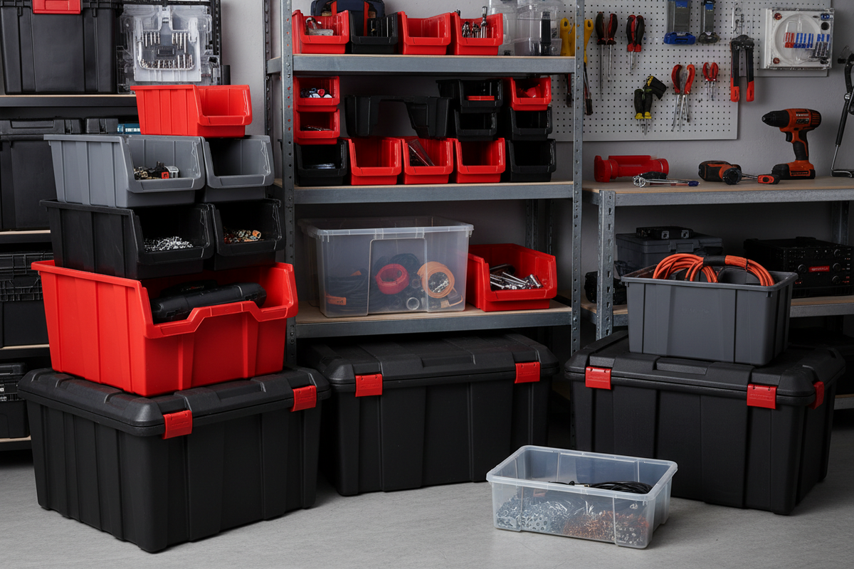 Storage bins organizing tools and items on garage shelves