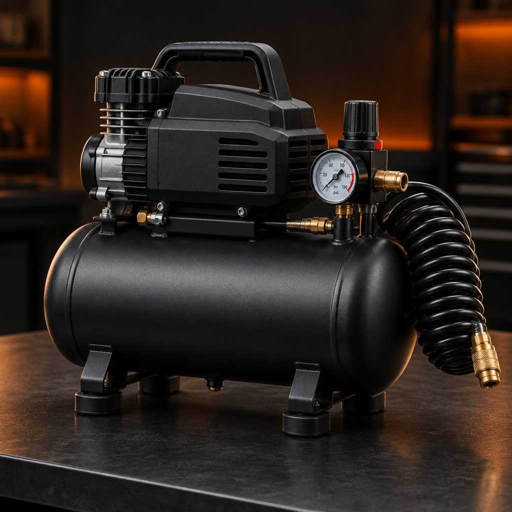Matte black portable air compressor with tank, pressure gauge, and air hose on a dark garage workbench