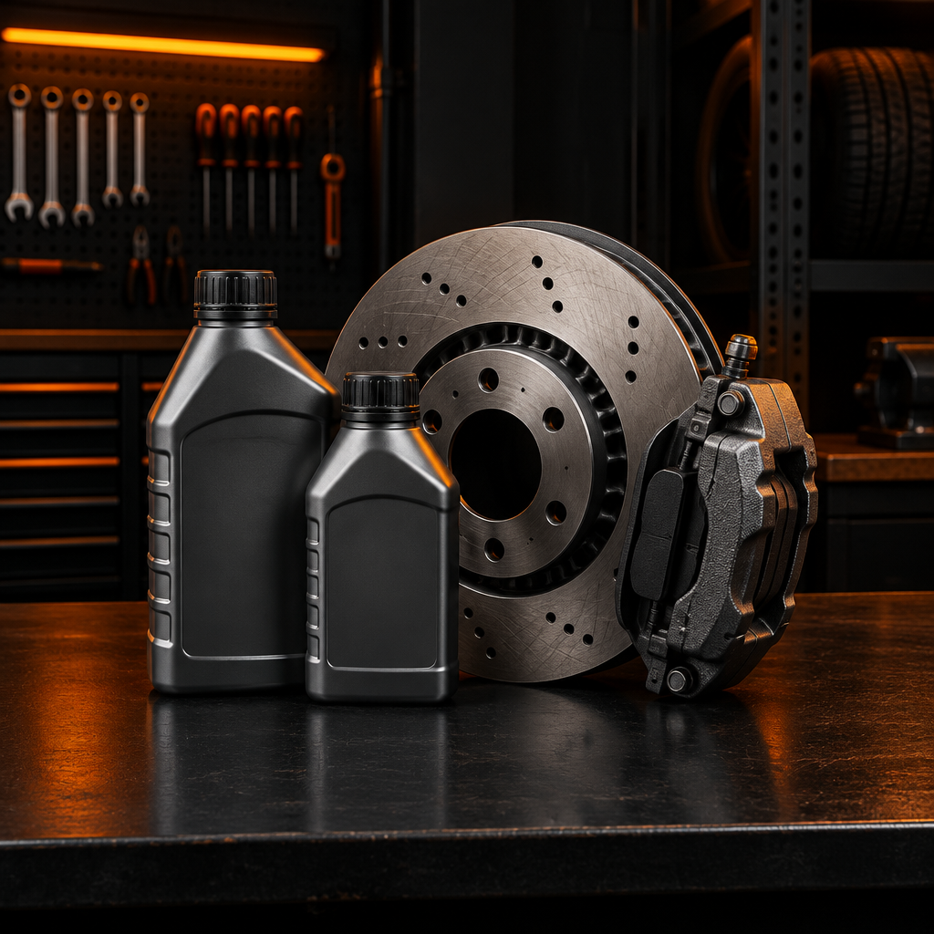 Brake fluid bottles beside a brake rotor and caliper for automotive brake maintenance