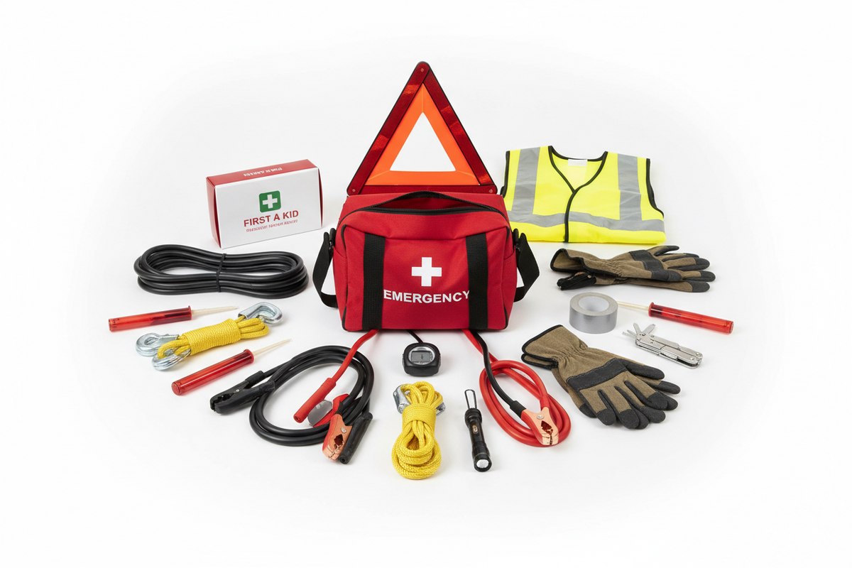 Roadside emergency kit with safety tools and supplies