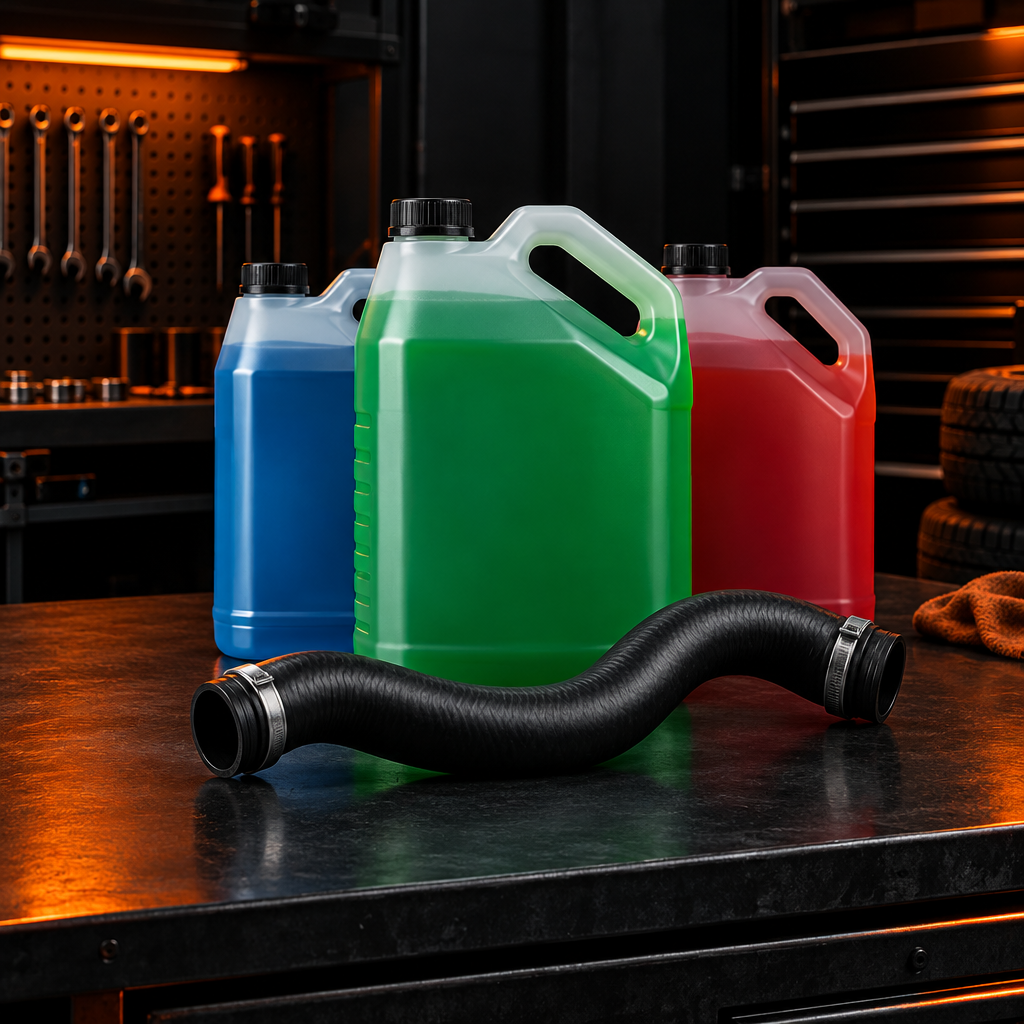 Engine coolant containers and cooling system components in a dark garage setting