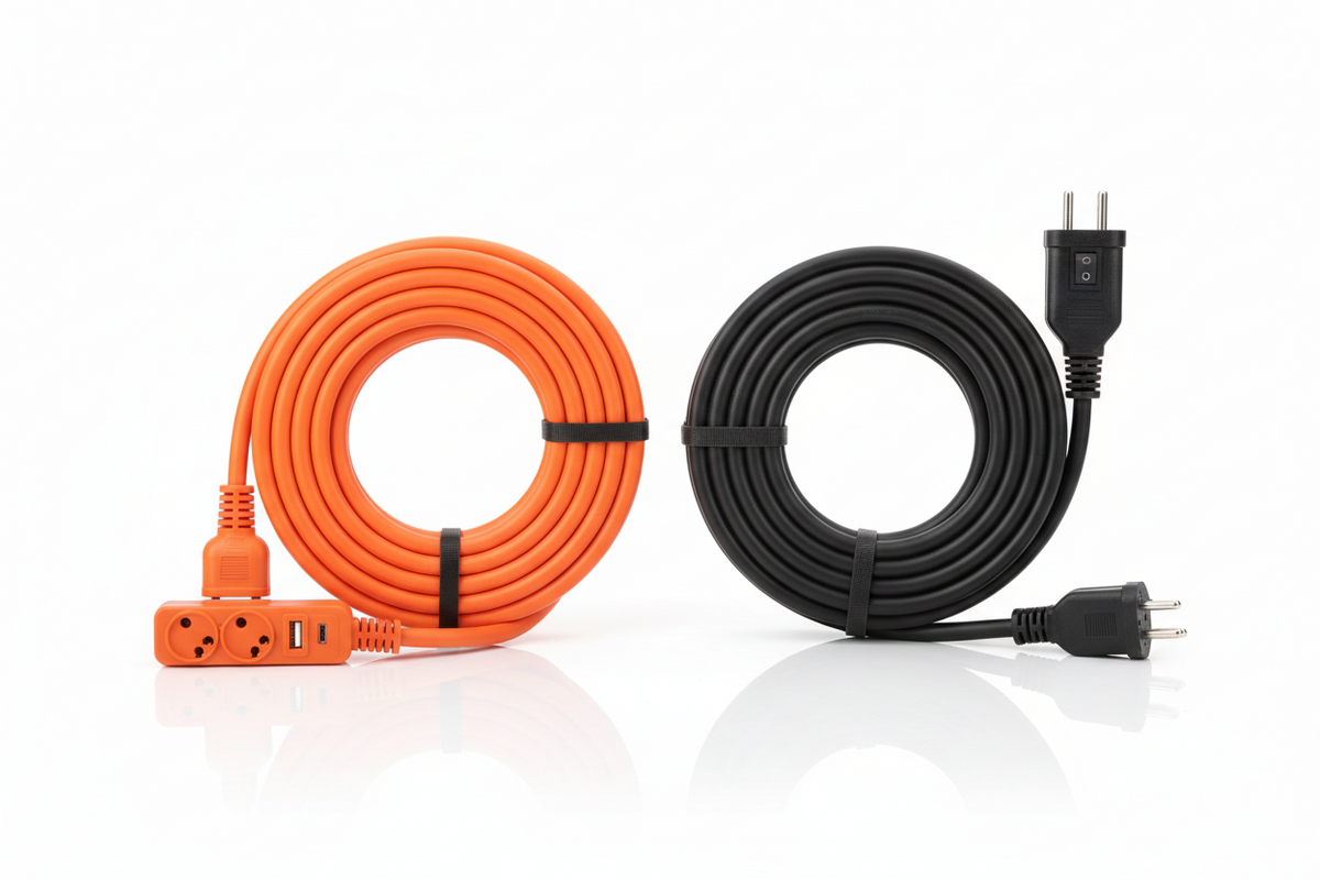 Extension cord powering tools in a garage workspace