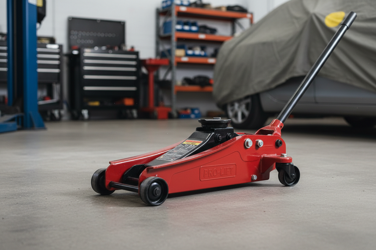 Floor jack lifting a car for tire change