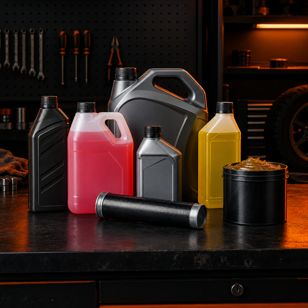 Automotive fluids, lubricants, and additives arranged in a dark garage setting