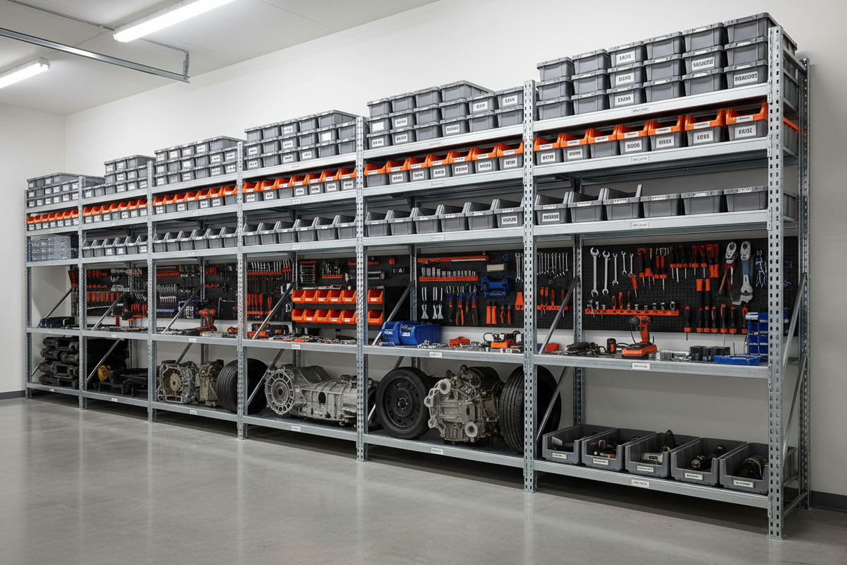 Garage shelving unit storing tools and equipment neatly