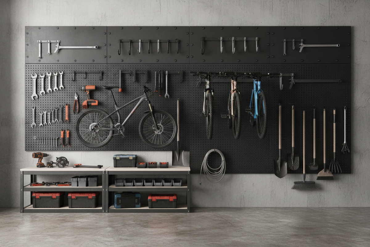 Wall hooks holding tools and equipment in a garage