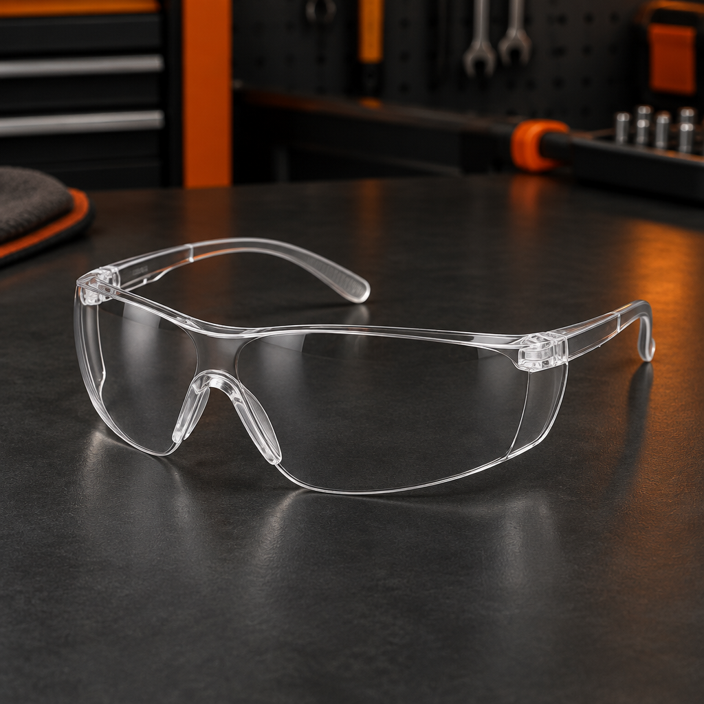 Clear wraparound safety glasses displayed on a dark garage workbench