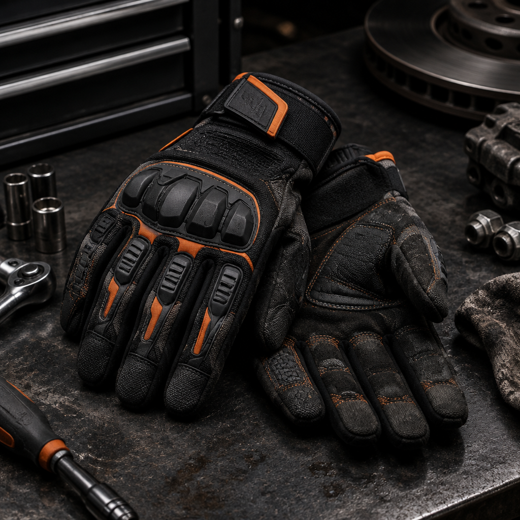 Black and orange mechanic work gloves with protective knuckle panels on a dark garage workbench