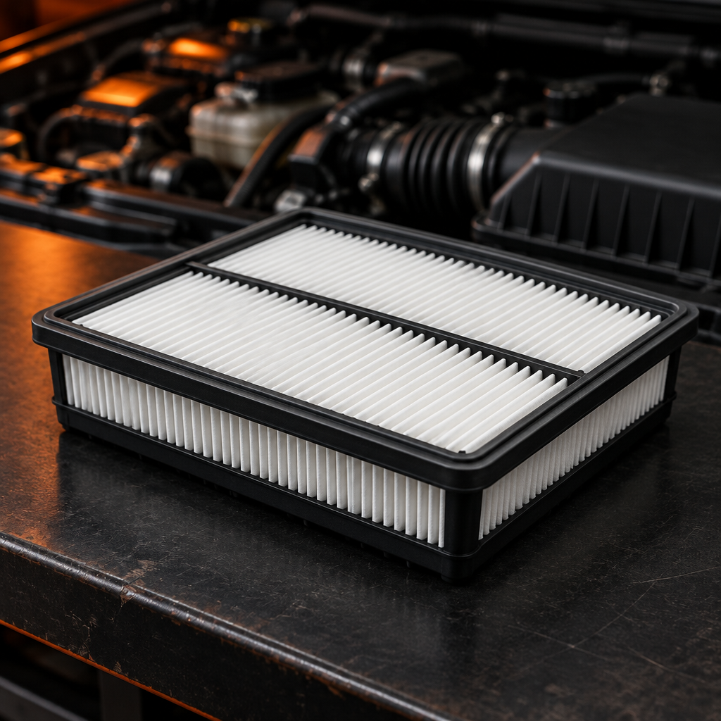 White pleated engine air filter on a dark garage workbench with a vehicle engine bay in the background