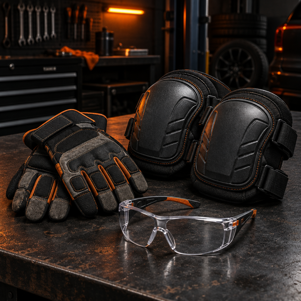 Work gloves, clear safety glasses, and protective knee pads on a dark garage workbench
