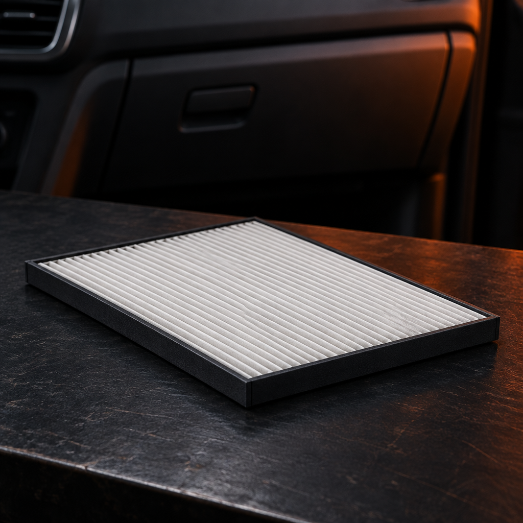 Rectangular pleated cabin air filter on a dark garage workbench with a vehicle dashboard in the background
