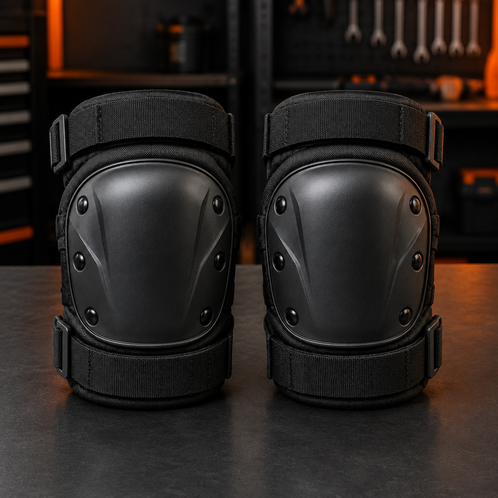 Pair of black hard-shell knee pads with adjustable straps on a dark garage workbench