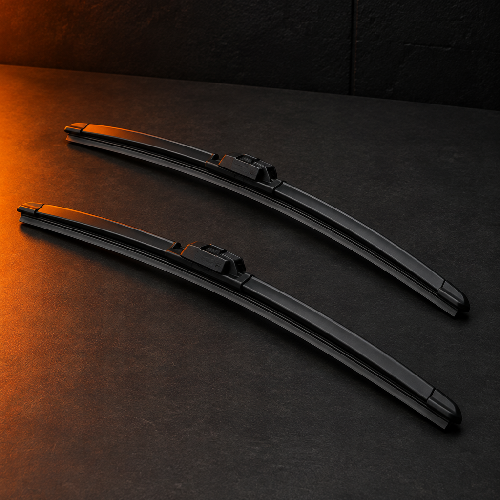 Two black windshield wiper blades arranged diagonally on a dark garage workbench