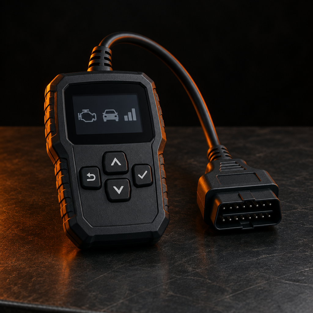 Handheld OBD-II diagnostic scanner with cable and connector on a dark garage workbench