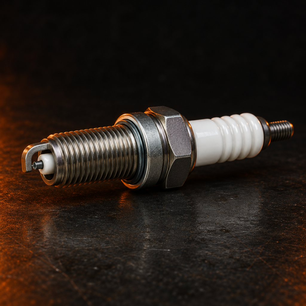 Single automotive spark plug with white ceramic insulator and metal threaded tip on a dark garage workbench