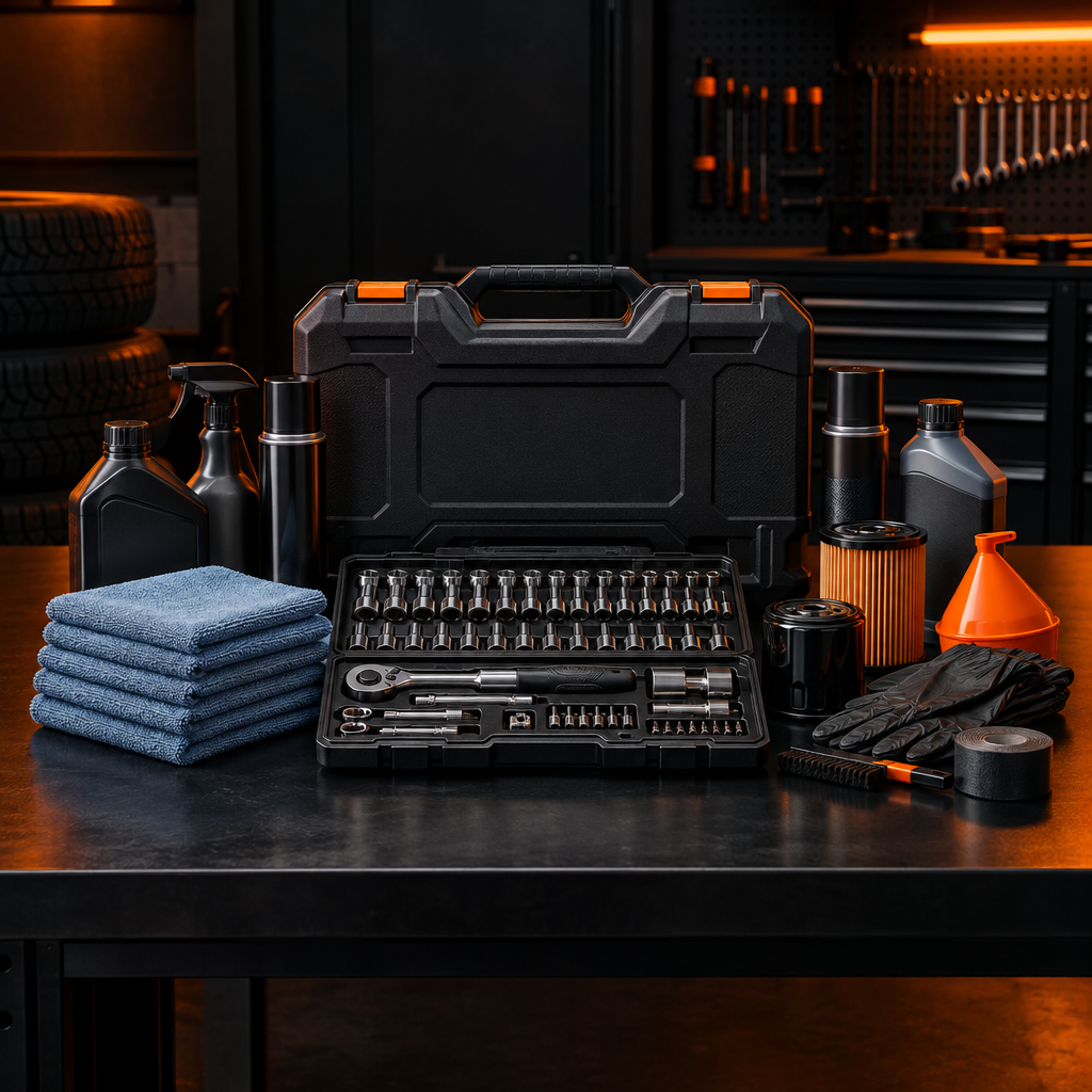 Automotive tool kits and bundled garage essentials arranged on a dark workbench