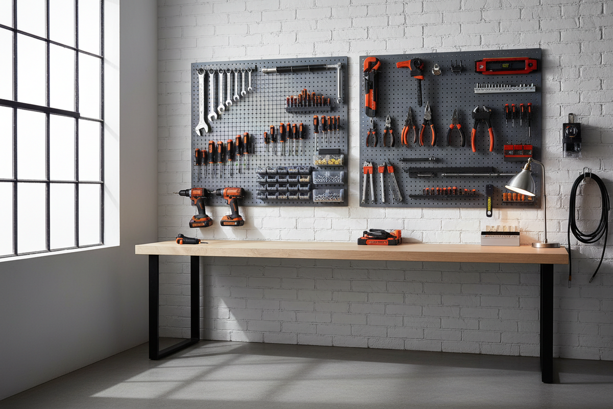 Pegboard wall organizing tools in a garage workspace