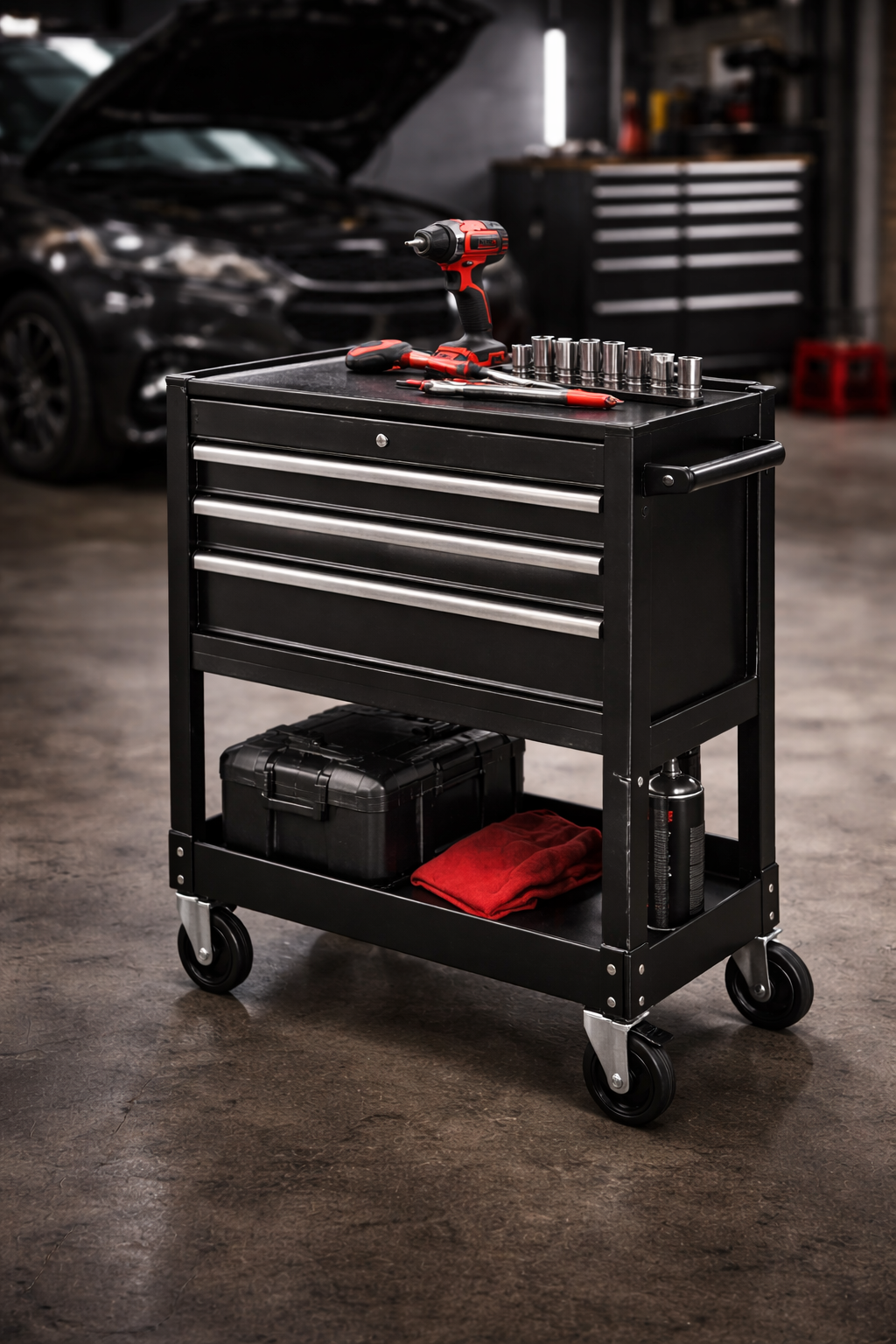 Rolling tool cart with drawers used in a garage workspace