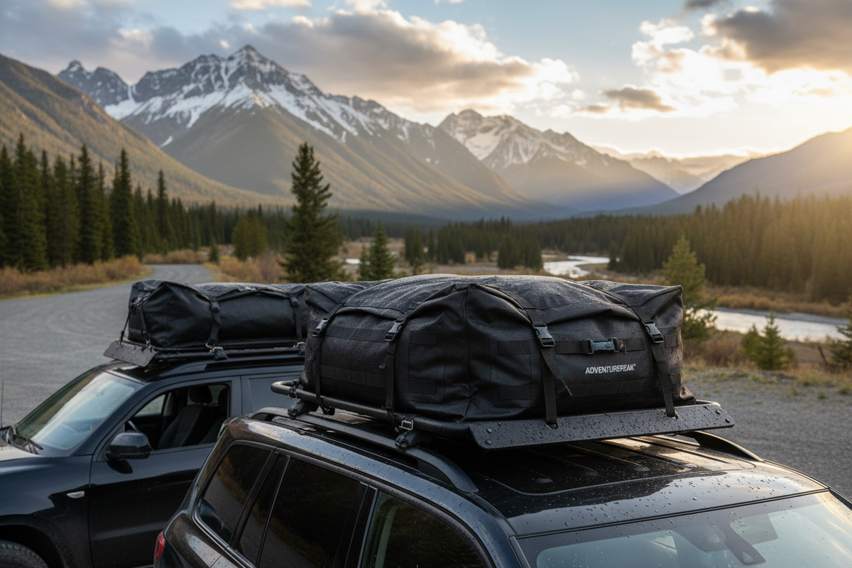 Roof cargo bag mounted on top of a car