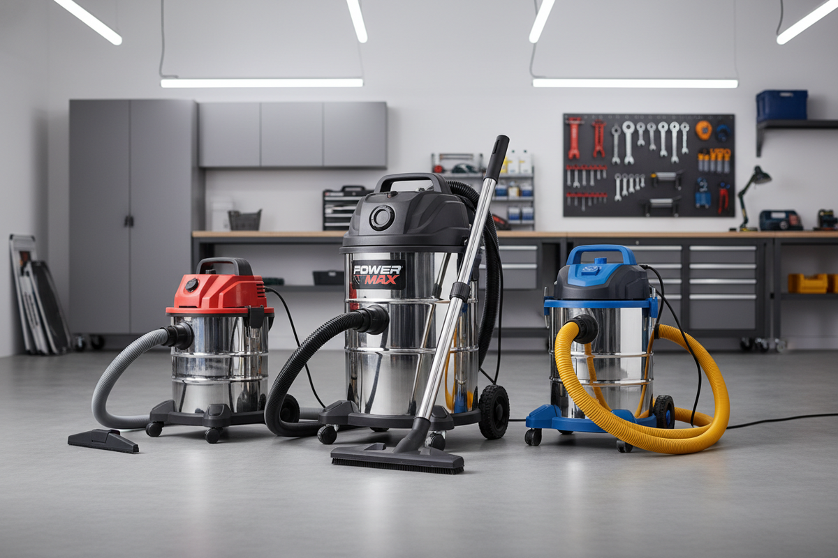 Shop vacuum cleaning dirt in a garage workspace