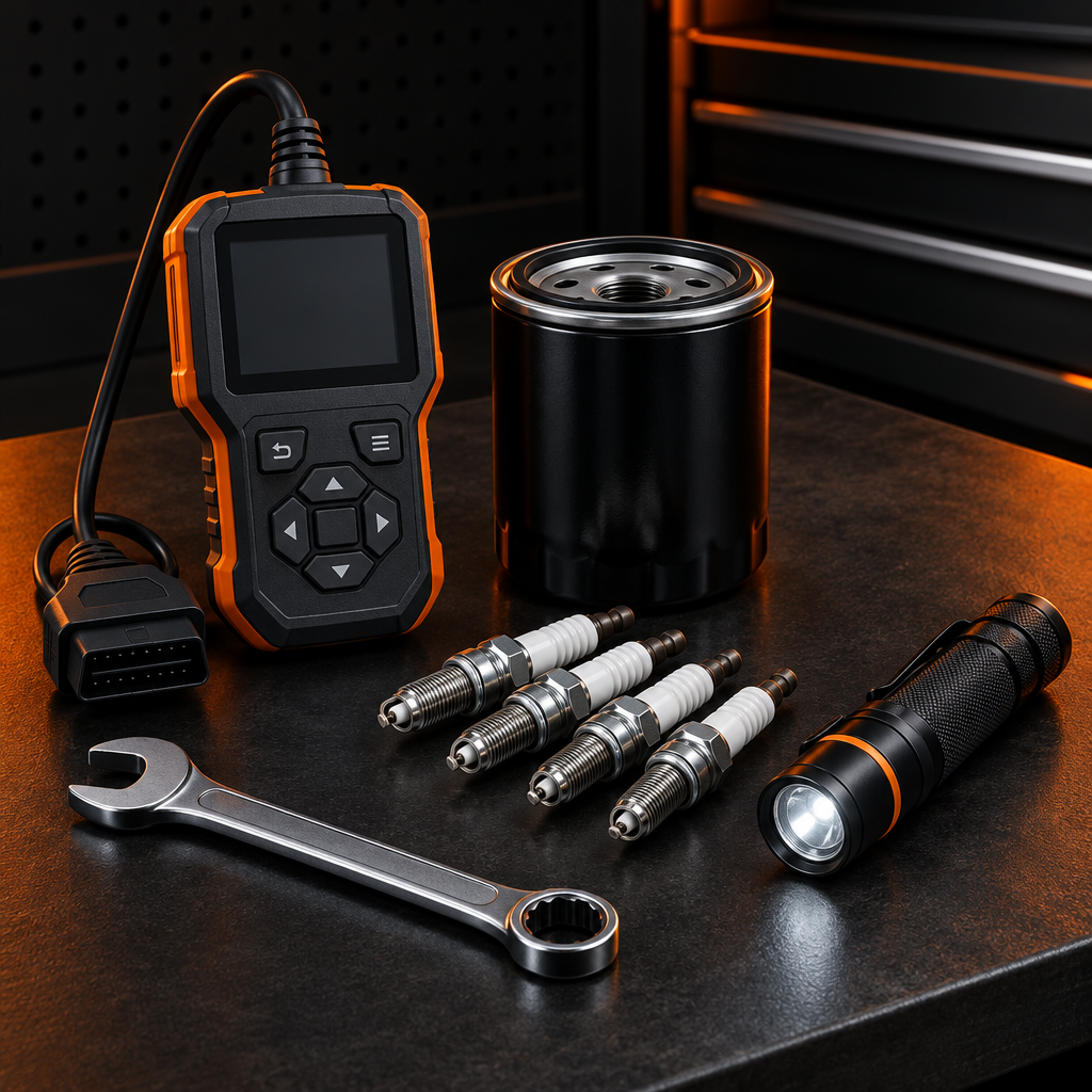 OBD diagnostic scanner, oil filter, spark plugs, wrench, and inspection flashlight on a dark garage workbench