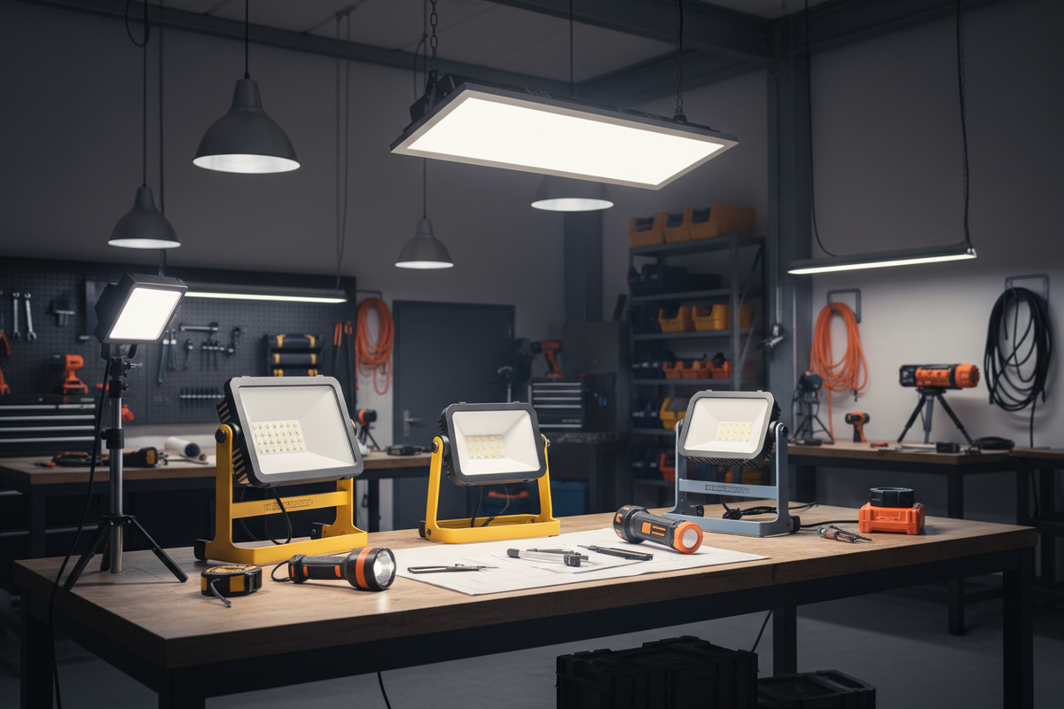Portable work light illuminating a car repair area