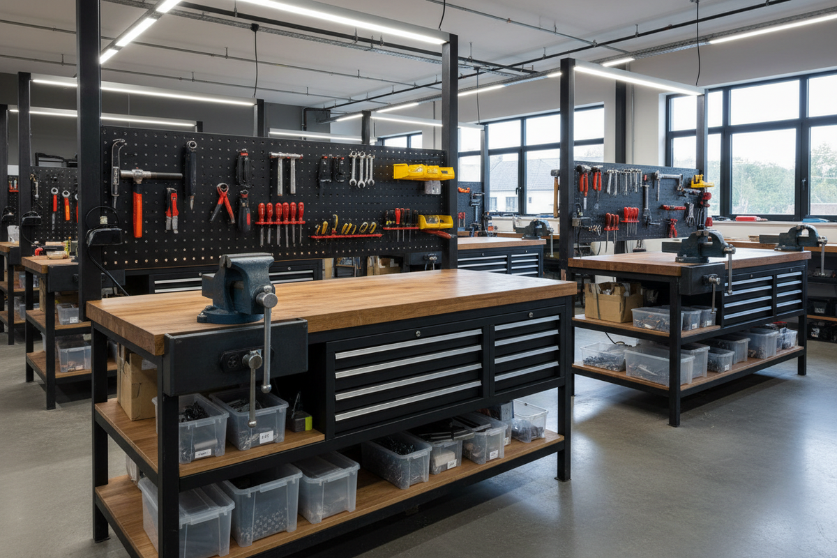 Garage workbench with tools organized on surface