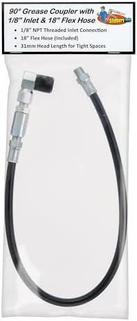 Slippery Pete 90 Degree Grease Gun Coupler - 18 Inch Flex Hose, Threaded Connection, Swivel Head, Grease Gun Fittings Compatible, 31mm Length Head for DIY Mechanics, Garage and Auto Mechanics