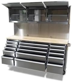 CHETTO C 72" Tool Cabinet Chest with 15 Drawers + 3 Upper Cabinets Mobile Rolling Workbench Large Tool Box Lockable Storage Cabinet with Wheels for Garage Workshop Stainless Steel 2 Pack