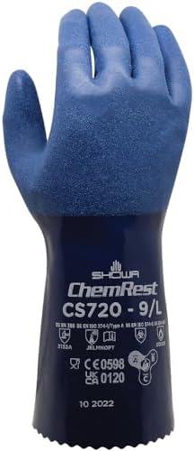SHOWA CS720 Double Coated Nitrile Chemical Resistant Safety Gloves with Poly Liner, Food Safe, 12" Length, Large (12 Pair)