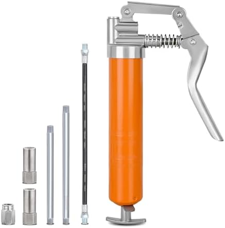 GOOACC Mini Grease Gun 6000 PSI 4oz Grease Gun Kit with 12" Flex Hose Extension Adapter Normal Coupler Rigid Pipe Small Pistol Grip Grease Guns for Automotive Farm Industrial Marine Equipment, Orange