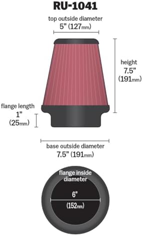 K&N High-Flow Original Lifetime Universal Clamp-On Air Filter: High Performance, Premium, Washable: Flange Diameter: 6 In, Filter Height: 7.5 In, Flange Length: 1 In, Shape: Round Tapered, RU-1041