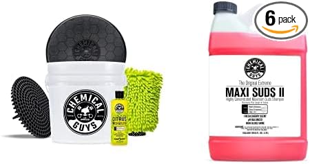Chemical Guys CWS_101BK Car Wash Detailing Bucket, Mitt & Accessories Bundle (6 Items) Featuring Maxi-Suds II Foaming Car Wash Soap, 128 oz (1 Gal), Cherry Scent - Works on Cars, Trucks, SUVs, & More